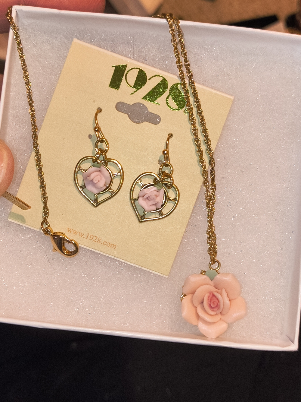 1928 Gold-Tone Necklace and Heart Earrings with Pink Rose Charms
